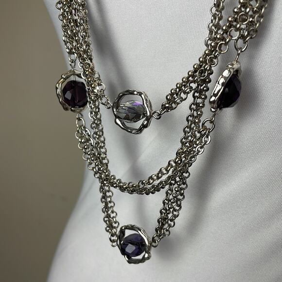 Chico's Long Iridescent Purple Cut Glass Faceted Three Strand Necklace - Picture 2 of 9